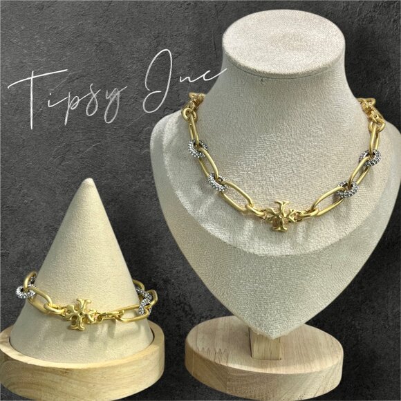 TORY BURCH ROXANNE CHAIN ​​PAVÉ SHORT NECKLACE & BRACELET SET - Picture 2 of 8